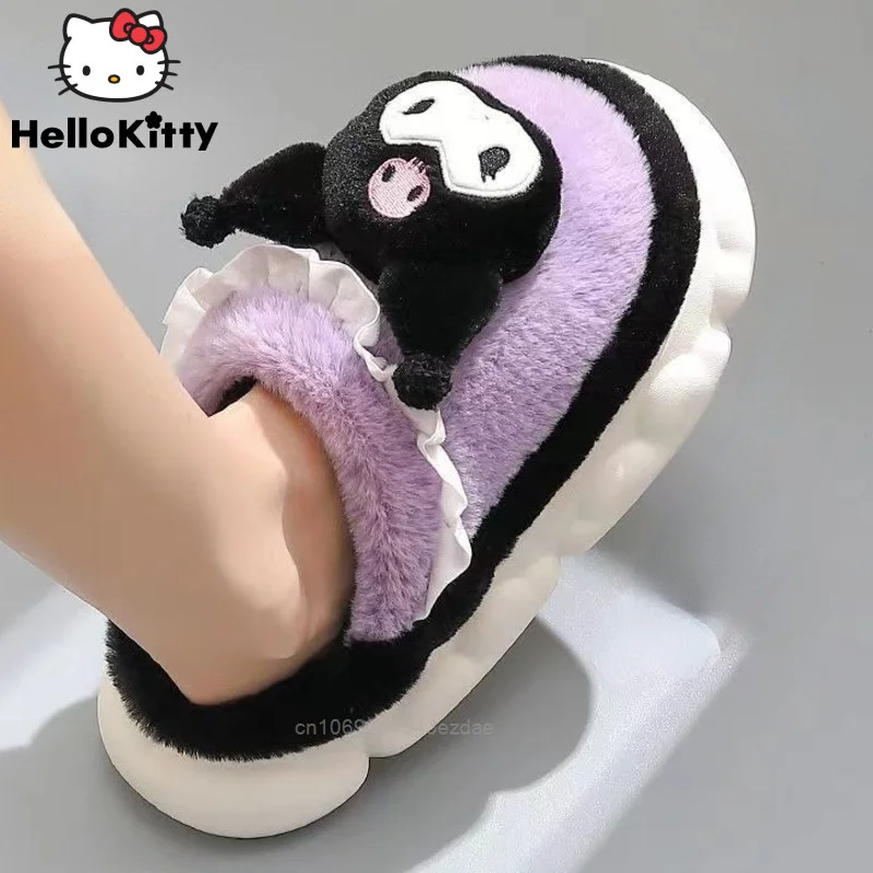 

New Sanrio Kuromi Fashion Plush Slipper Women Warm Home Winter Thicked Shoes Girl Hello Kitty Cotton Indoor Full Coverage Shoes