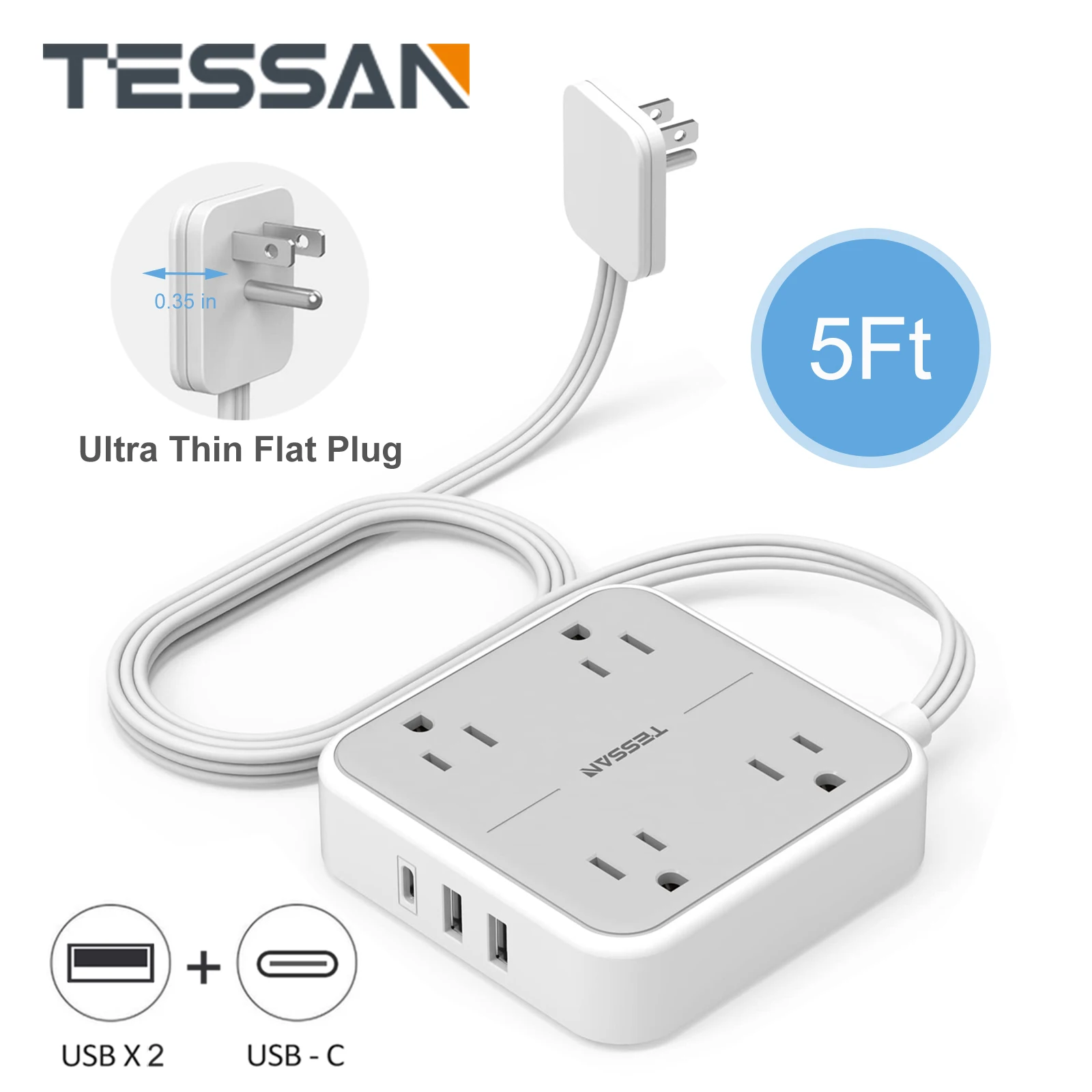 

TESSAN Ultra Thin Flat Plug Power Strip with 4 Outlets & 3 USB Ports (1 USB C), 7 in 1 Desktop Power Strip with 1.5m/5ft Cable
