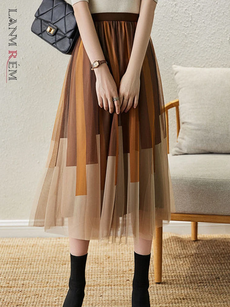 

Женская двухслойная сетчатая юбка LANMREM, элегантная юбка средней длины с эластичной резинкой на талии, модель 2023 на лето и весну, 2R6014