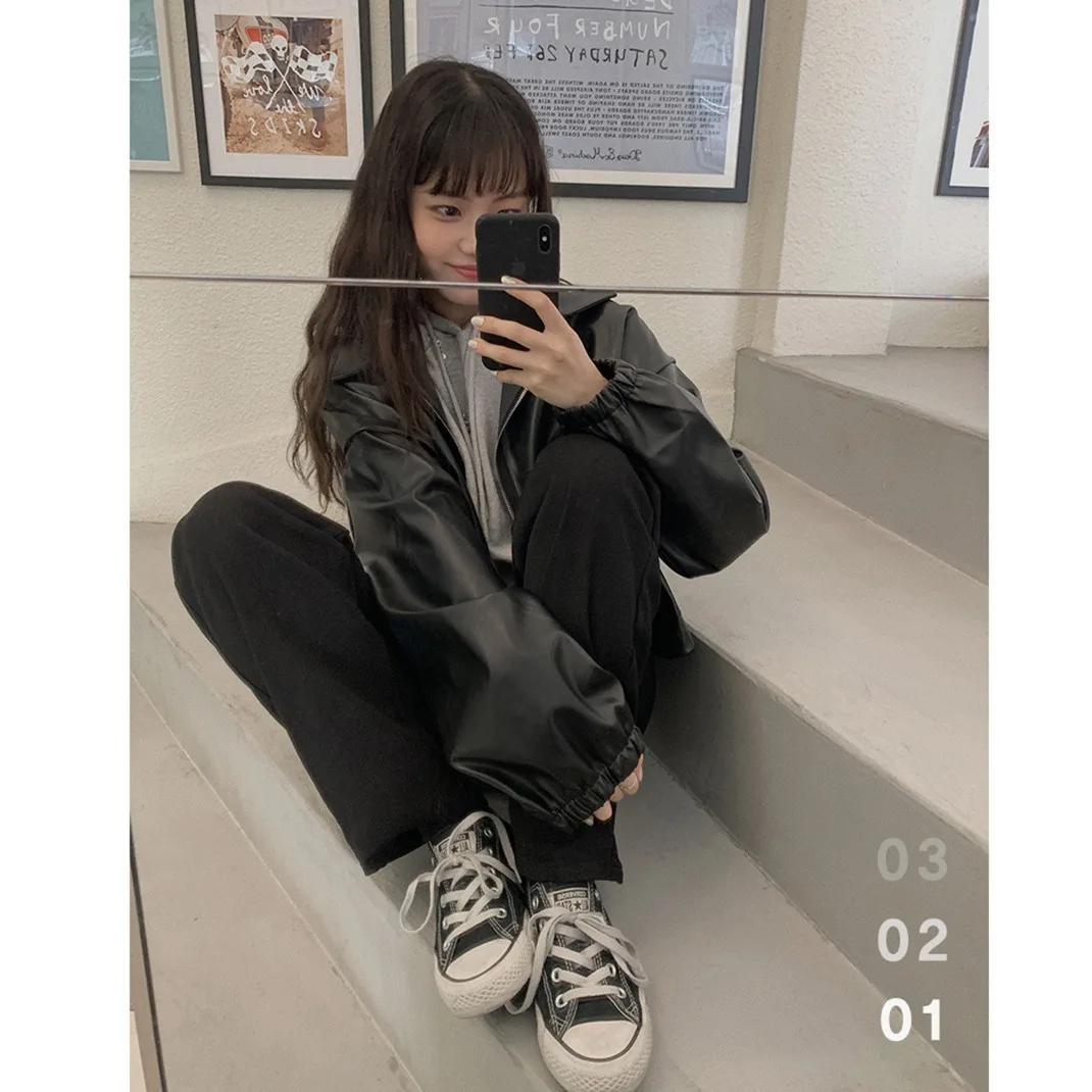 New Women's Stand Collar Zipper Faux Leather Jacket Pu Motorcycle Rider Jacket Lapel Puff Sleeve Loose Streetwear Punk Jacket