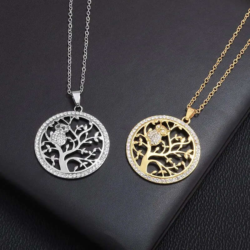 

Tree of Life Owl Inlaid Zircon Pendant Jewelry Ladies Necklace Girls Sweater Chain Charm Jewelry Gift