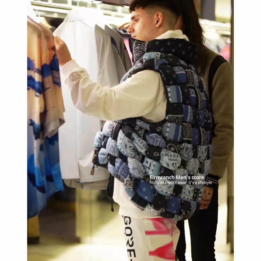 Firmranch Paisley Braided Tricolor Vest Jackets For Men/Women High Collar Zipper Down Cotton High Quality Waistcoat Streetwear