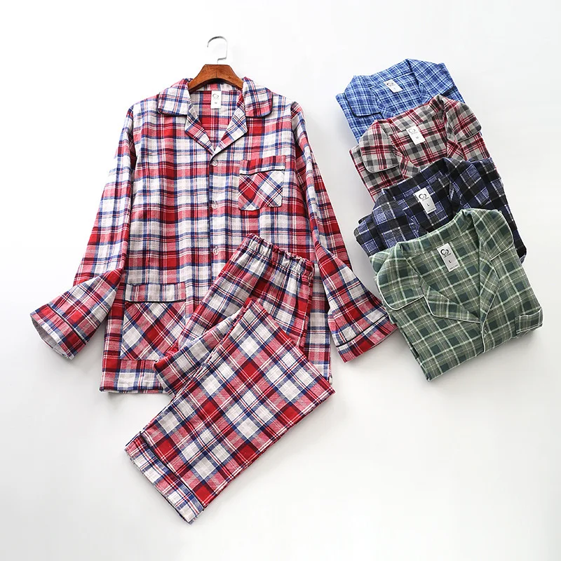 Winter Man Casual Plaid Pajamas Set For Man Pjs Men's 100% Cotton Soft Warm Winter Full Sleeve Shirt Pants Man Fashion Clothes