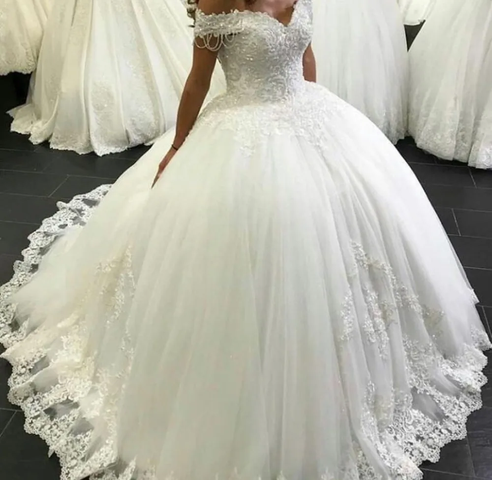 

ANGELSBRIDEP Beading Wedding Dresses Off-Shoulder Fashion Applique Lace Robe de mariee Court Train Formal Bride Party Dress