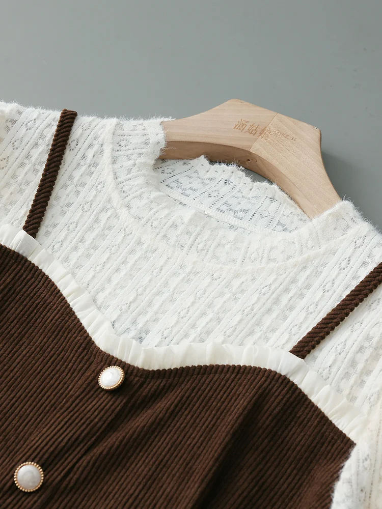 Вельветовое цельное платье из двух частей с длинными рукавами. Женская одежда.