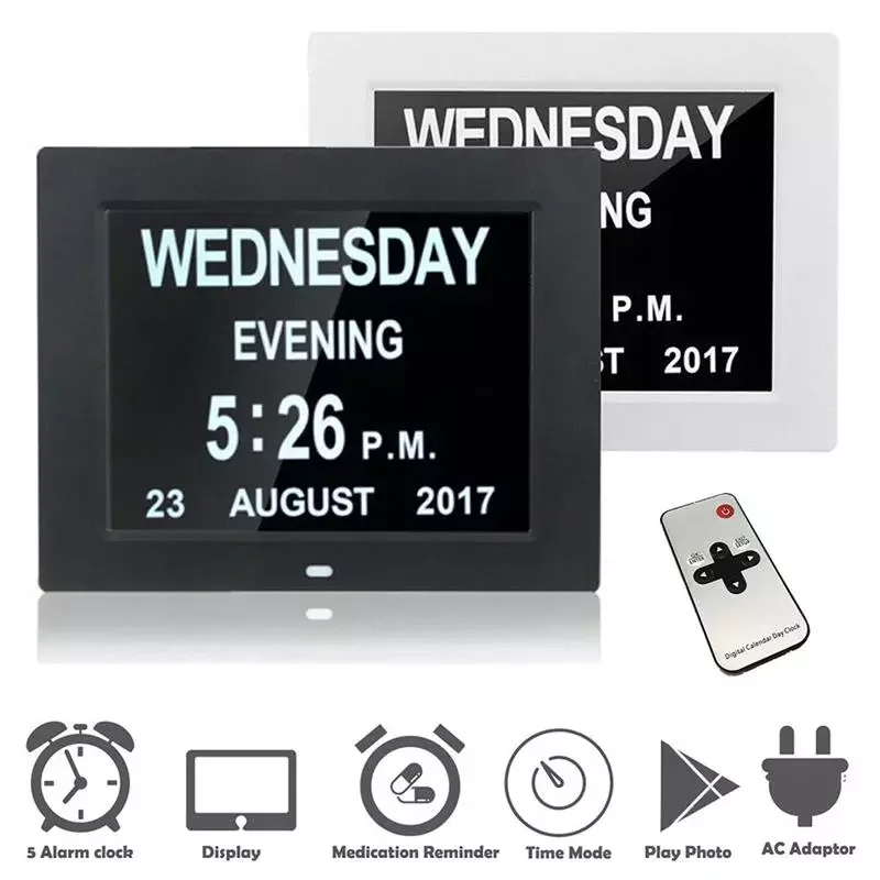 

8 Languages Digital Calendar Day Clock 8 Inch Large Screen Display Time Date Month Year Dementia Clocks For Seniors Elderly