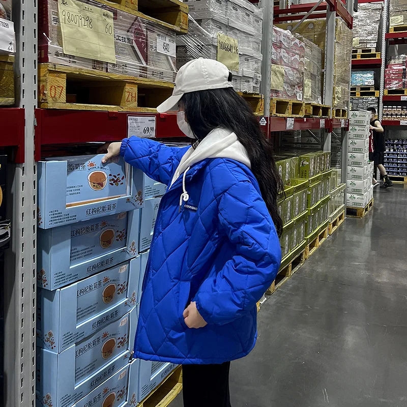 Rhombus Pattern Spliced Hooded Parkas Short Women Jacket Winter Coat Cotton Padded Female Baseball Puffer Jacket Clothes