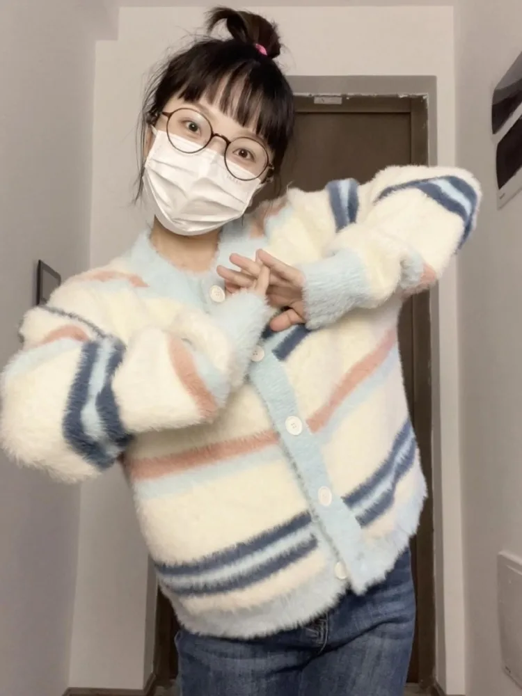 

Женский винтажный кардиган в полоску, Повседневный свитер контрастных цветов свободного покроя, универсальный топ в японском стиле, Y2k, весна-осень