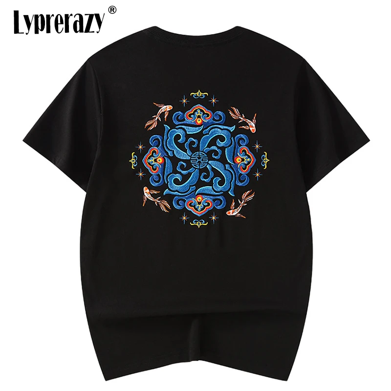 

Летняя новая национальная футболка Lyprerazy с короткими рукавами и вышивкой, Мужская свободная футболка в китайском стиле с изображением золо...