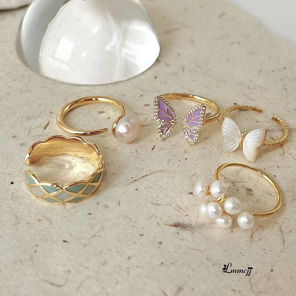 

Lmmcjj Vintage Butterfly Pearl Geometric Ring For Women Open Ring Index Finger Ring Fashion Jewelry Accessories Gift INS