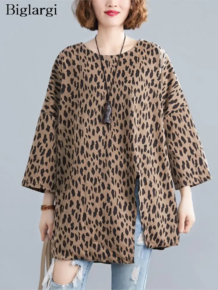 

Большие Осенние Топы с леопардовым принтом, женские Асимметричные Блузы с длинным рукавом, повседневные свободные Модные топы для женщин 2023