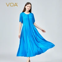 voa 30mm silk blue o neck office ladies vestidos dresses women summer %d0%bf%d0%bb%d0%b0%d1%82%d1%8c%d0%b5 %d0%b6%d0%b5%d0%bd%d1%81%d0%ba%d0%be%d0%b5 short sleeve woman party long dress ae1236