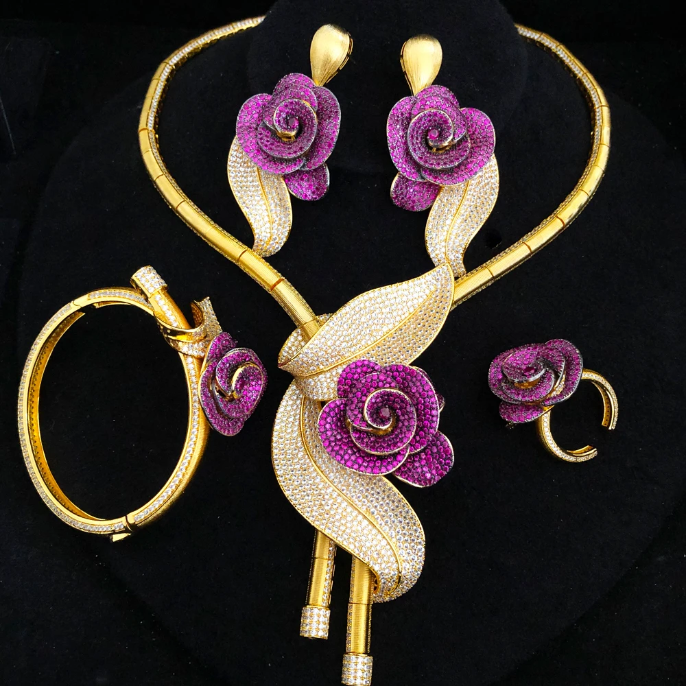 GODKI Nowa moda Afrykańskie duże kwiaty róży Dubaj Zestaw biżuterii ślubnej dla kobiet Ślub Impreza Nigeryjski naszyjnik Choker kolczyków