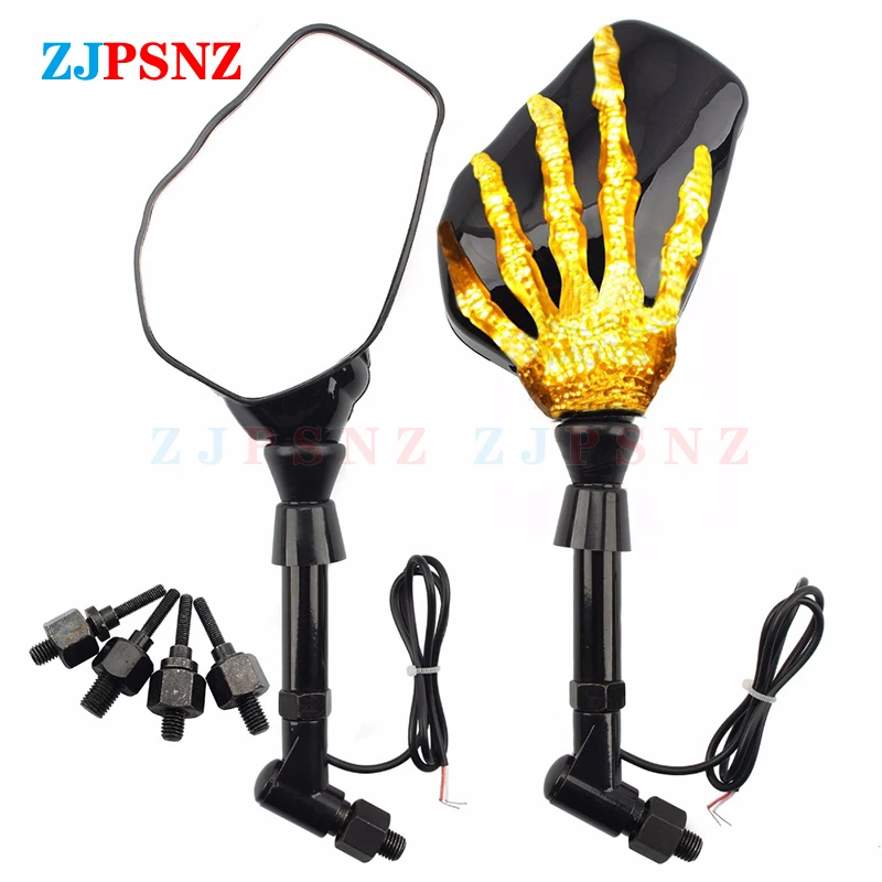 8mm 10mm Motorcycles Mirror Skull Hand Skeleton Ghost Claw LED Turn Signal Light Rearview Mirrors Moped ATV Scooter e-Bikes