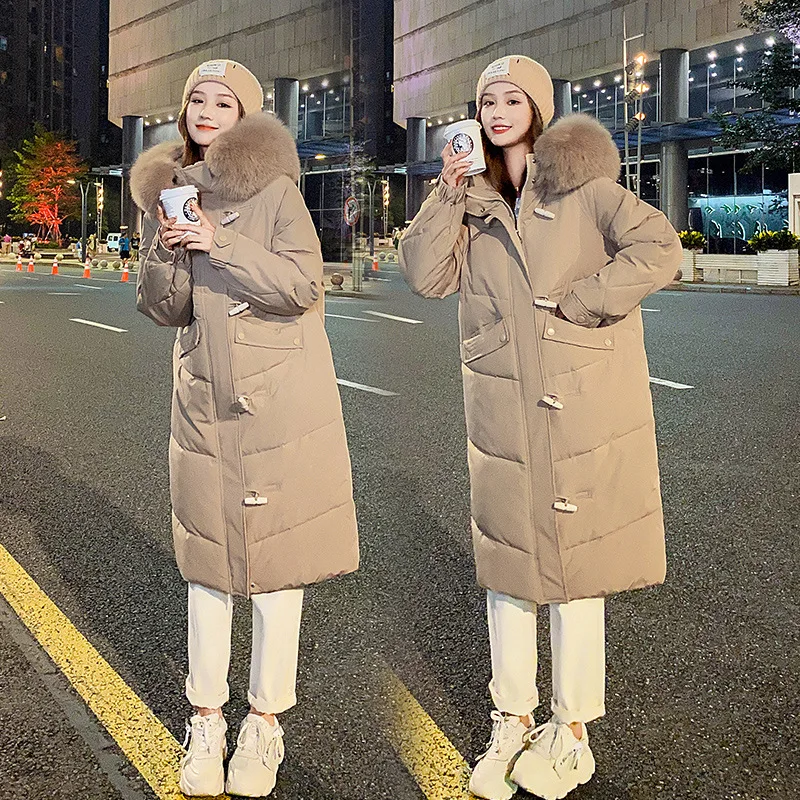 2022 Winter New Women Long Over-the-knee Down Jacket Design Single-breasted Plus Velvet Warm Big Fur Collar Black Hooded Coats