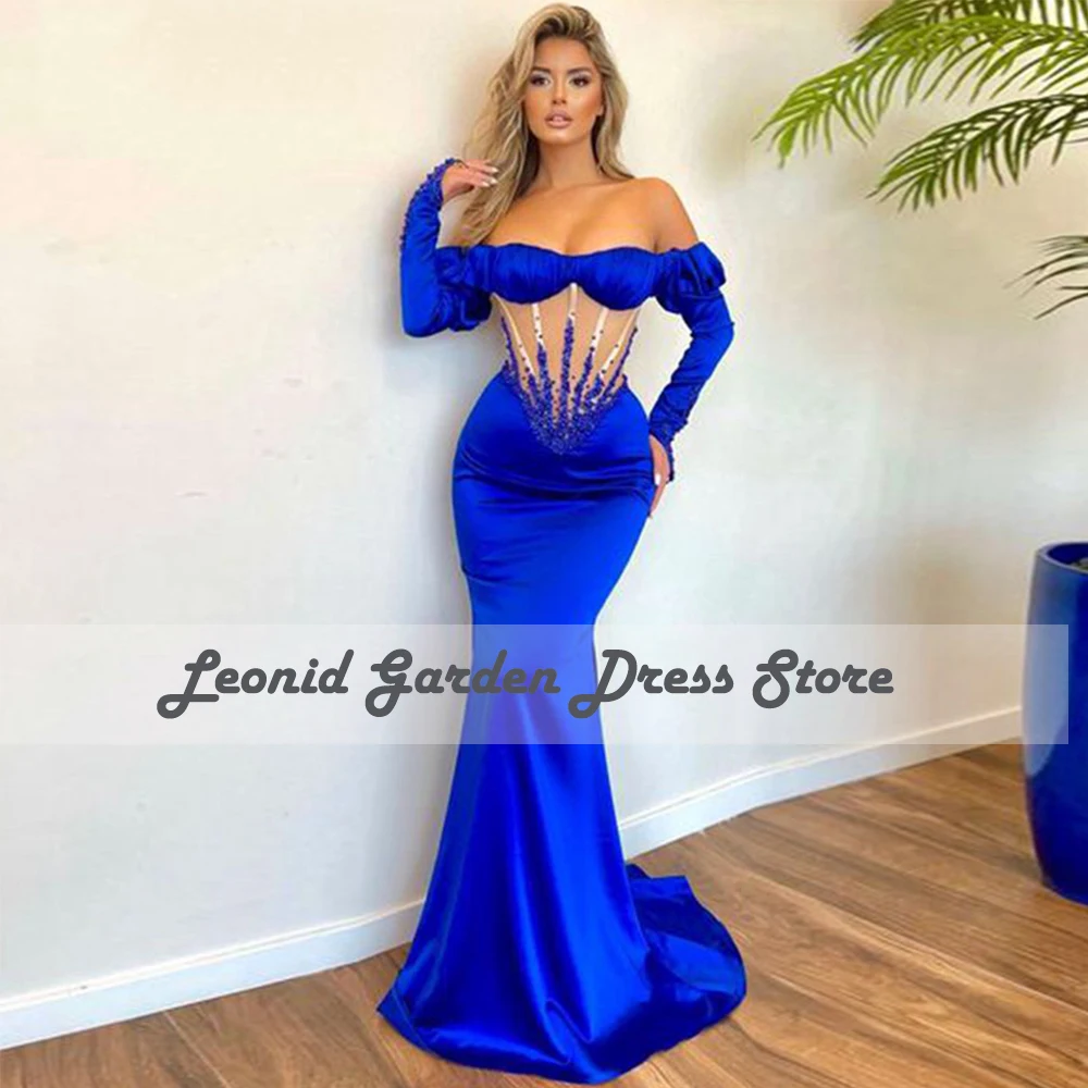 

Blue Satin 2022 Evening Dress Sexy Mermaid Prom Dress Beaded Floor Length Off Shoulder Sweetheart Wedding Guest Gown فستان سهرة