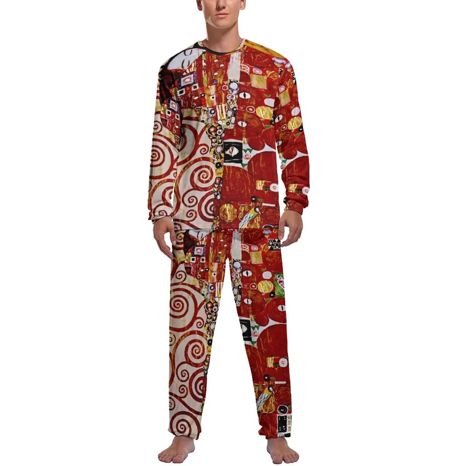 

Gustav Klimt Print Pajamas Long Sleeves The Trees of Life 2 Pieces Aesthetic Pajamas Set Winter Male Graphic Cool Sleepwear