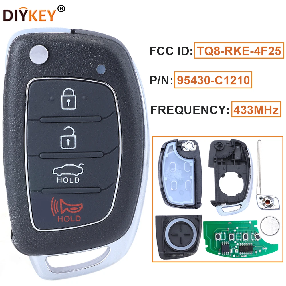 

DIYKEY FCC:TQ8-RKE-4F25 433MHz 4B Flip Remote Control Car Key Fob 4D60 Chip for Hyundai Sonata 2017 2018 2019 P/N:95430-C1210