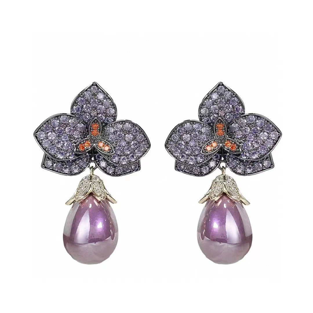 

SENYU Elegant Flower Pearl Drop Earrings Handpaved Full Cubic Zirconia Women Jewelry Copper Plated Pearl Bride Earring