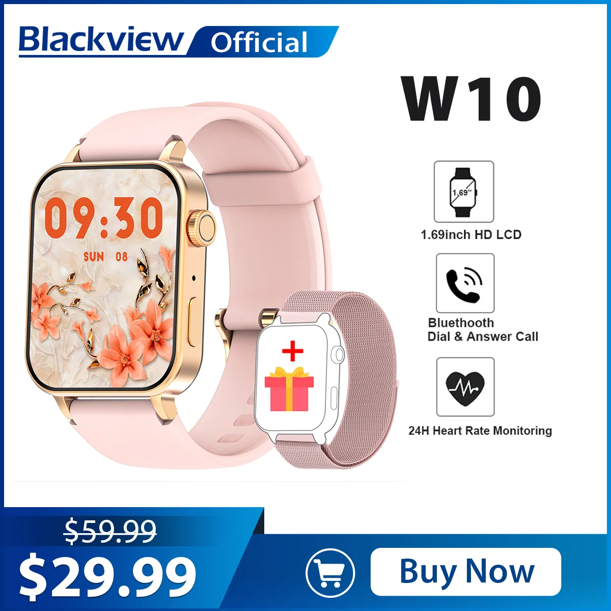 Blackview W10 Smart Watches Women Men Bluetooth Calling Sport Smartwatch 1.69" HD Screen IP68 Waterproof Heart Rate Smart Watch