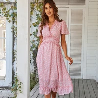 v neck short sleeve dress floral print dress holiday style ladies casual 2022 new dress high waist fashion