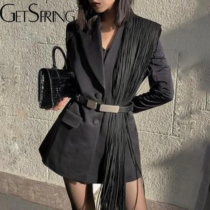 

GetSpring Women Blazer Tassel Single Breasted Full Sleeve Black Suit Coat Vintage Fashion Women's Slim Suit Jacket 2022 New