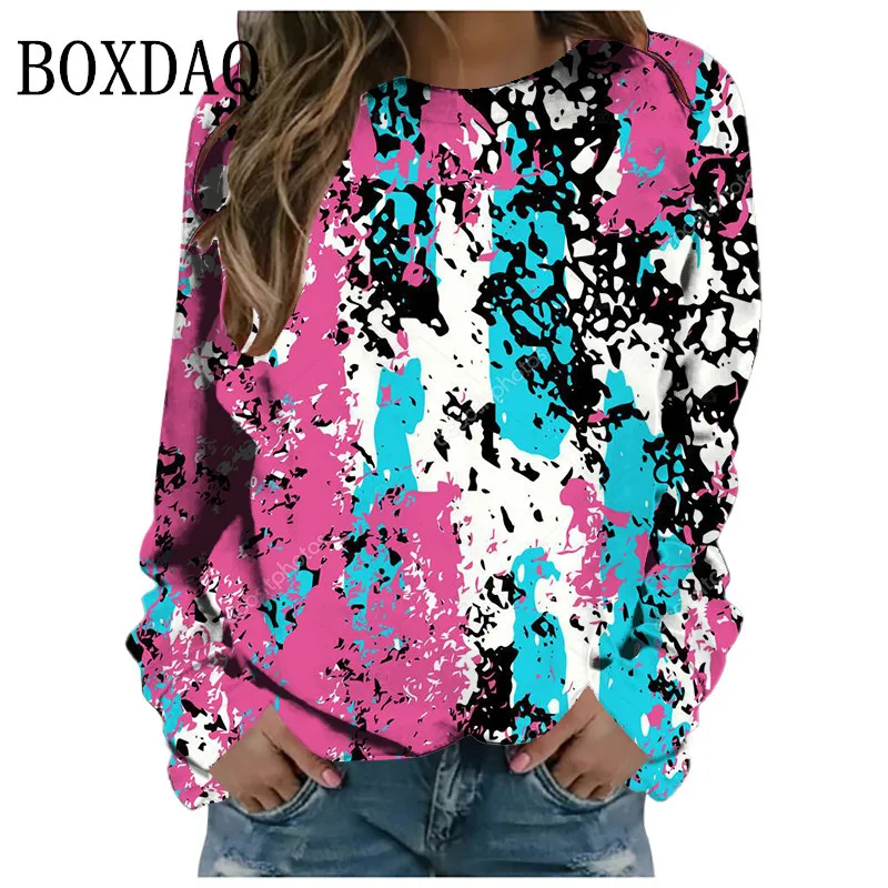 

2022 New Women Tie Dye Abstract Print T Shirt Vintage Autumn Clothes Long Sleeve Fashion Tops Streetwear Casual Oversized Tees