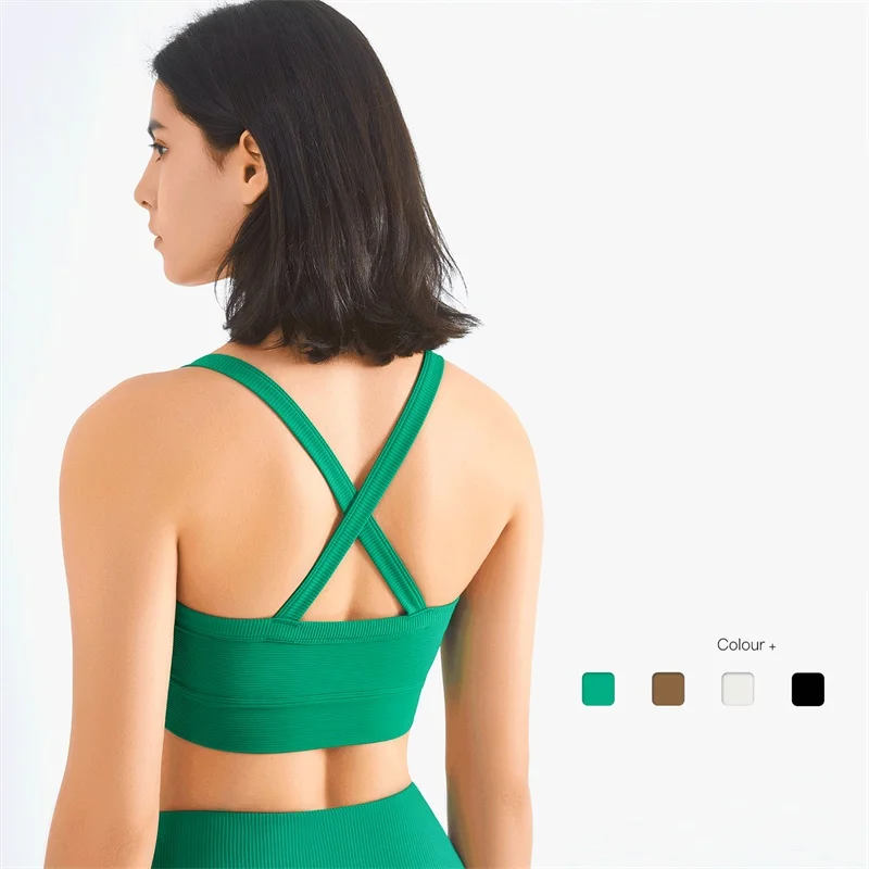 

Solid Color Women Fitness Bra Rib Back Cross Gym Sports Tank Top Butter Soft Yoga Vest Athletic Tight Brassiere With Chest Pad