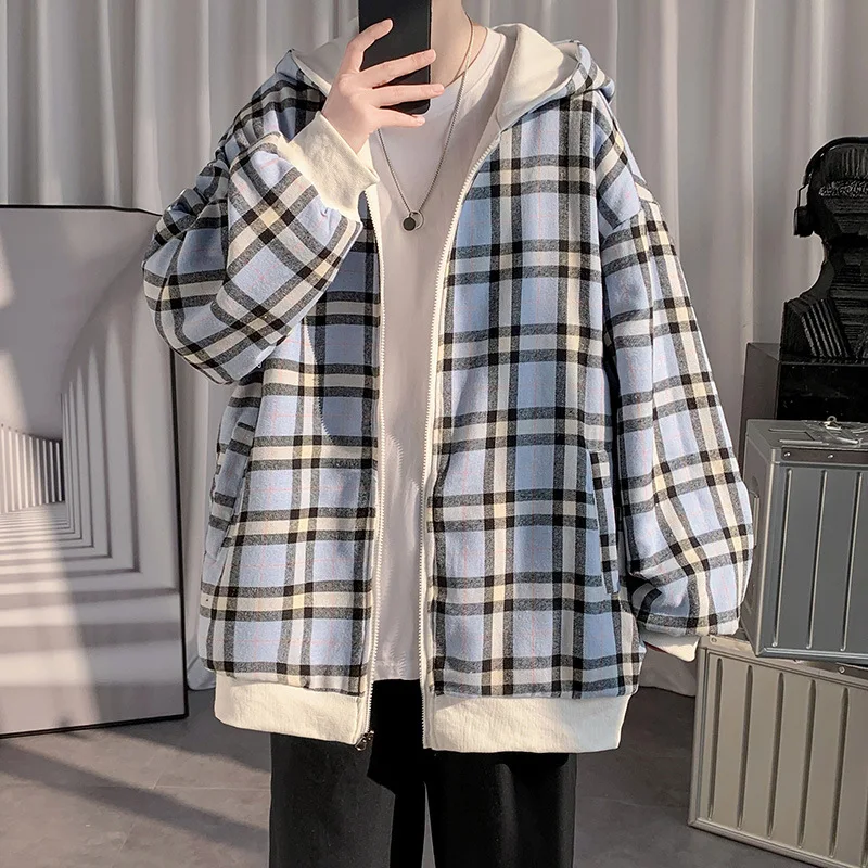 

Reversible Hooded Sweatshirt Men's Spring Korean Trend Plaid Spring Clothes Couples Jackets Men's Clothes
