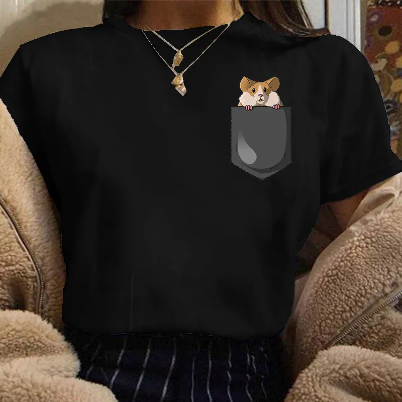 

Fashion Women T Shirt pocket hamster Printed TShirt Summer Casual Tops Tee femme 90s Girls Harajuku Cute Clothes Ladies T-shirts