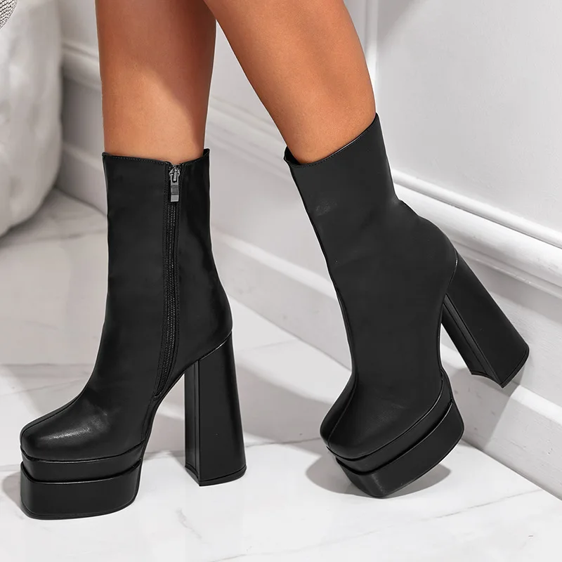 Foreign trade spot supply fashion thick heel waterproof platform raised bare boots comfortable high heel short boots 35-42 yards
