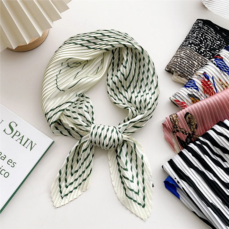 Striped Crinkle Scarf Female Pleated Bandana Shawl 70*70cm Fashion Print Small Neck Scarves Office Lady Hair Band Neckerchief