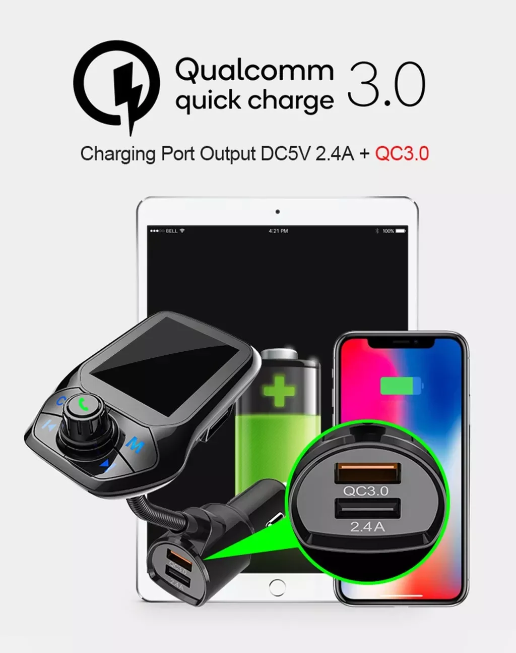 FM-трансмиттер с поддержкой Bluetooth 1 8 дюйма цветным экраном |