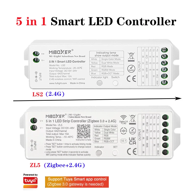 Miboxer 5 in 1 RGBCCT/RGBW/RGB/CCT/Dimmer Smart LED Strip Light Controller  2.4GHz RF remote control