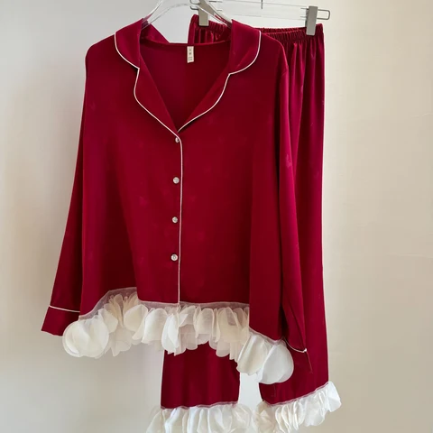 Женская одежда для сна, пижамный комплект из 2 предметов, пижамный комплект во французском стиле с рюшами из ледяного шелка, брюки, пижамный костюм, одежда для дома, весенняя новая домашняя одежда