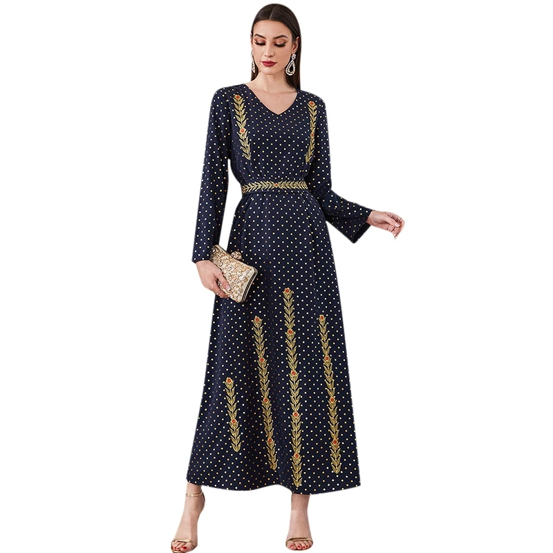 

Temperament Muslim Dress Women's Embroidered Dot Print Long Sleeves Slim Fit Tunic Dress Arabic Ethnic Apparels