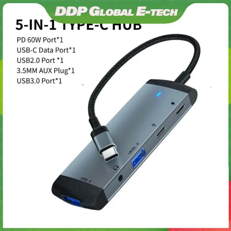 

Portable Pd 60w Usb C Adapter 5 In 1 Type-c Docking Station 480mbps Multi-function Usb-c Hub For Pc With Audio 3.5mm Usb 3.0 2.0