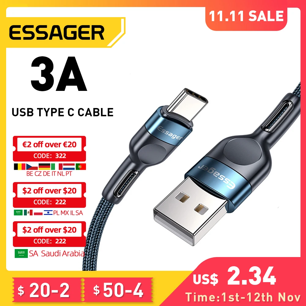 

Essager USB Type C Cable For Samsung Xiaomi mi 3A Fast Charging USB-C Cable Mobile Phone Charger USBC Type-C Data Wire Cord 3m