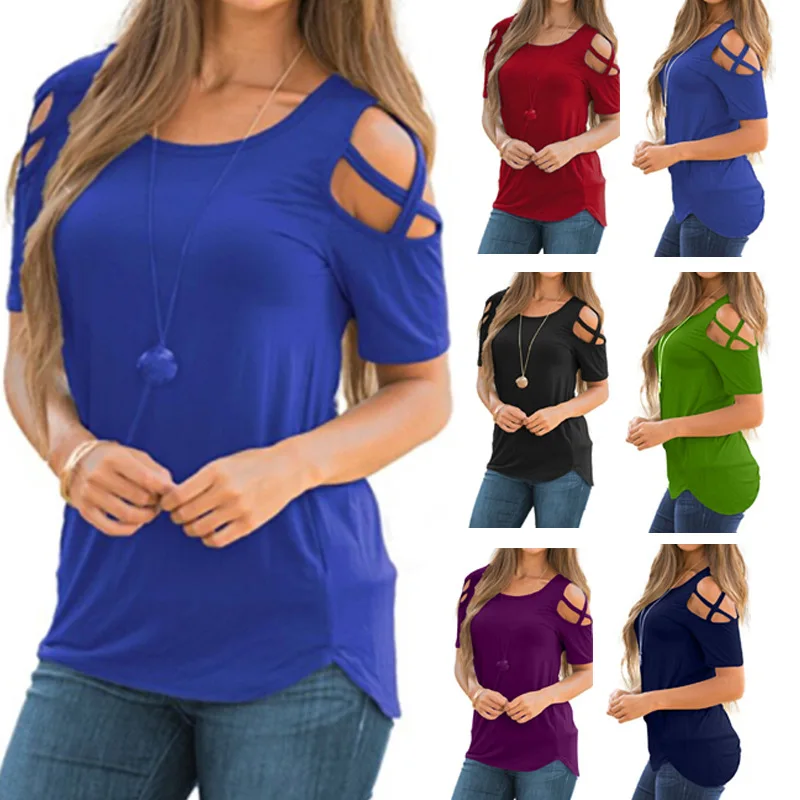 

Women's Solid Color Leisure Ripped Shoulder Lace-up T-shirt