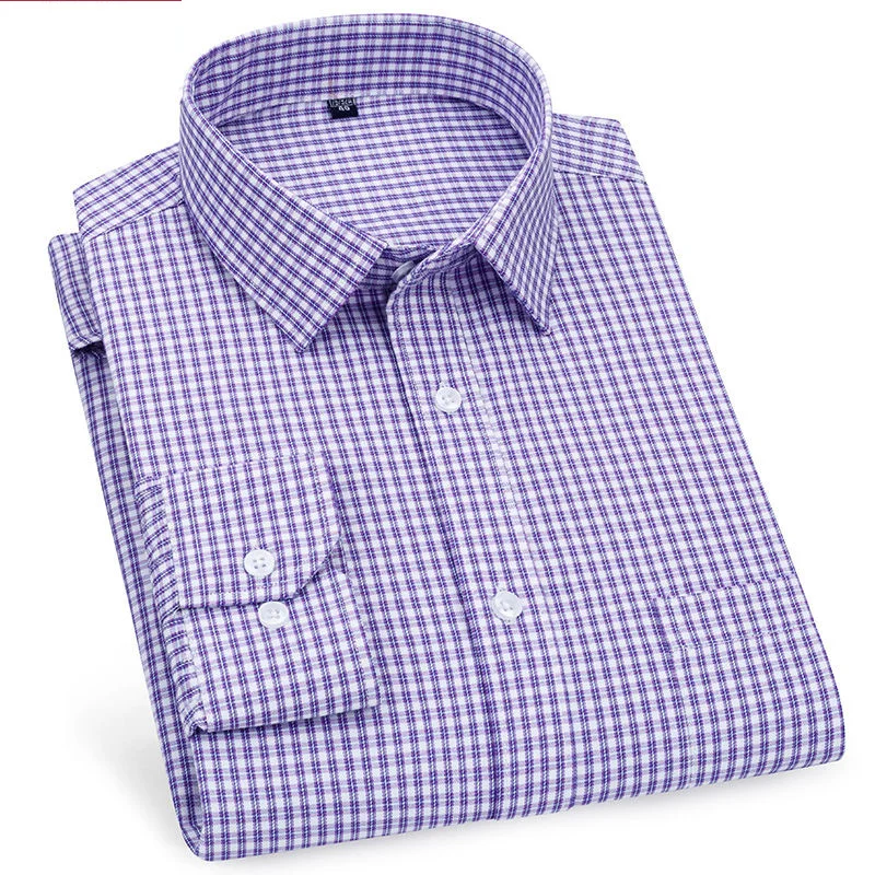 

High Quality Mens Business Casual Long Sleeved Shirt Classic Striped Checked Male Social Dress Shirts Purple Blue Cheap