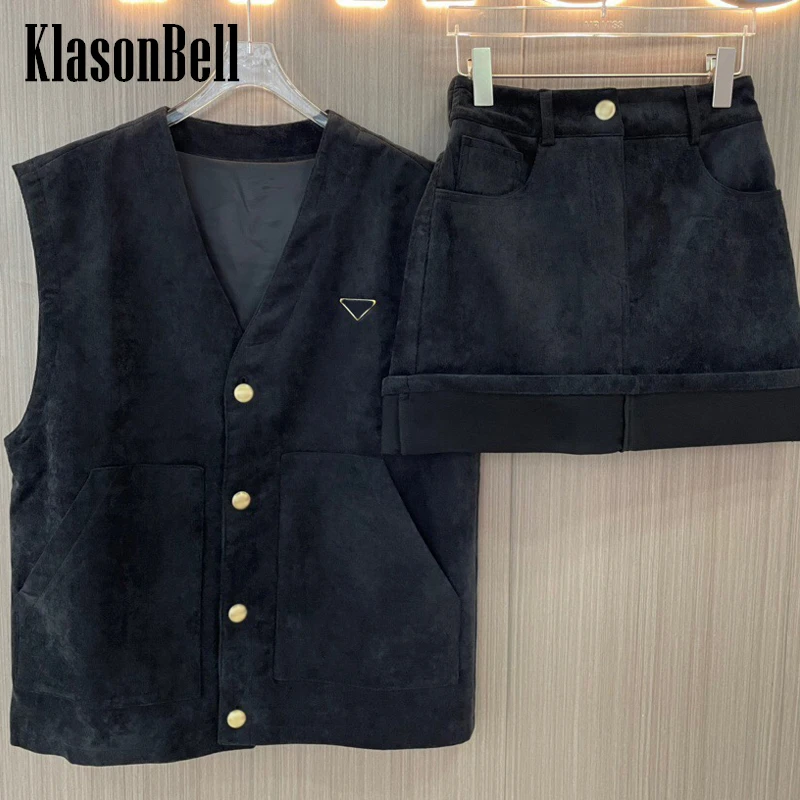 

9.24 KlasonBell Single Breasted Sleeveless Corduroy Vest Waistcoat With Mini Skirt 2 Piece Set Women
