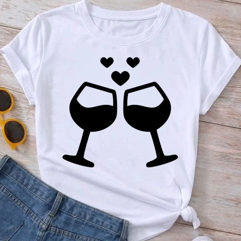 

Wine Love T Shirt Summer Tee Cartoon Spring 90s Short Sleeve Women T-shirt Top