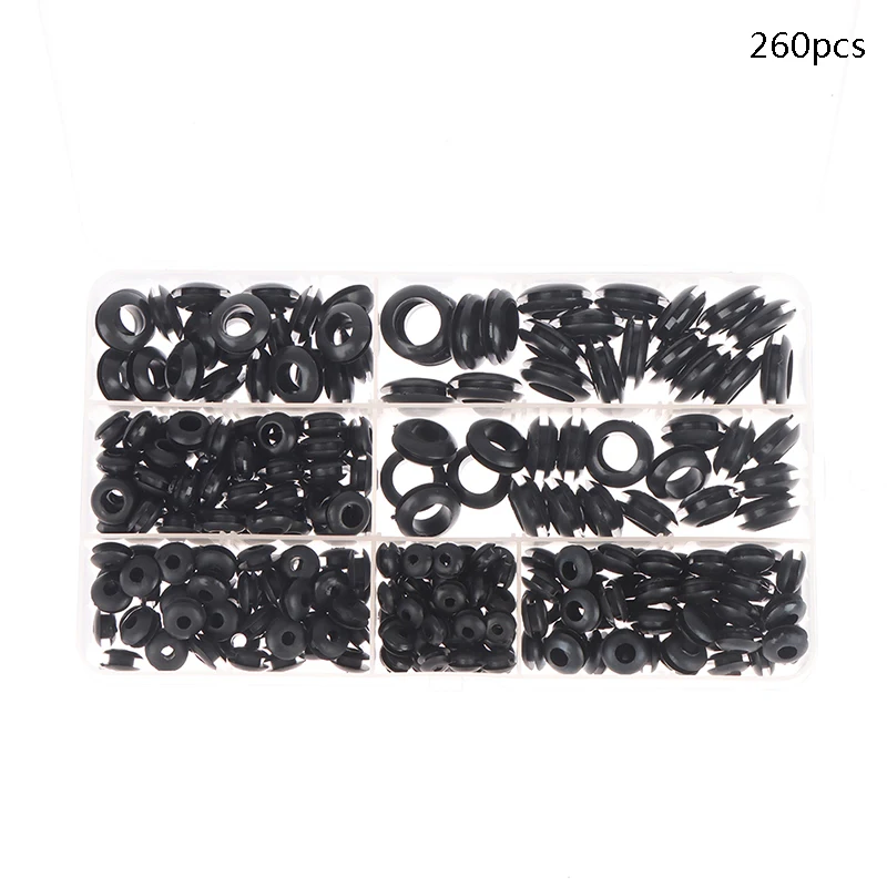 260pcs/box Rubber Grommet Gasket Kits For Wire Cable Black Assortment Set