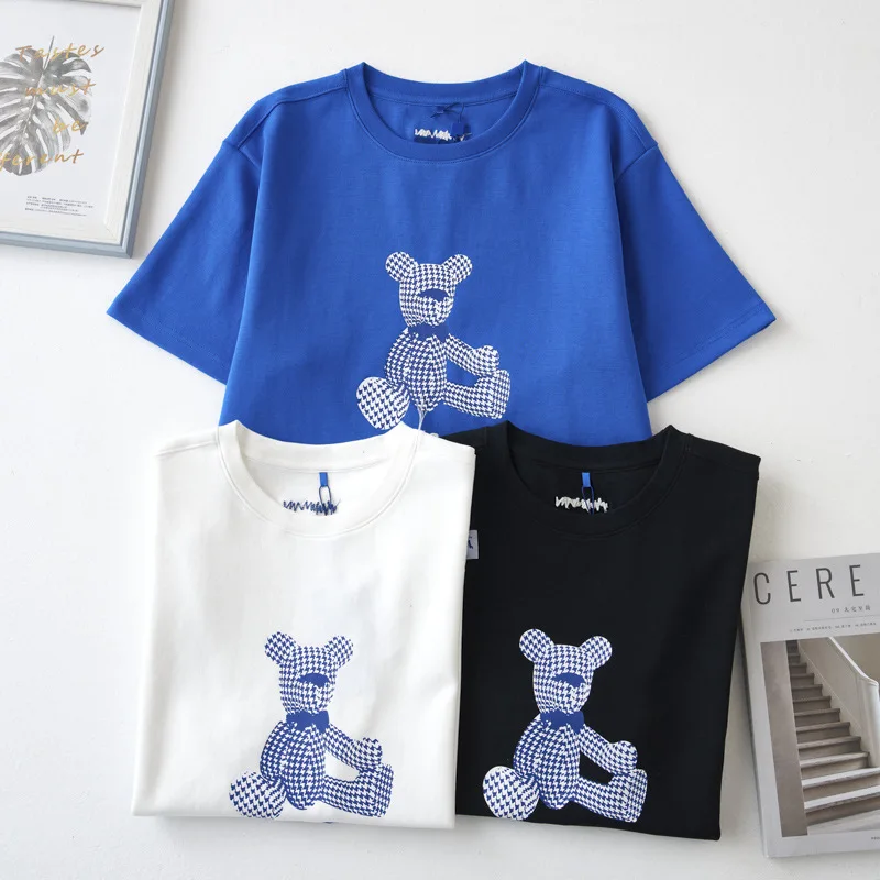 

Новинка от Ader's, строительные блоки с принтом медведя, с короткими рукавами, вышивкой и круглым вырезом, свободная футболка для пары, Y2k, аксес...