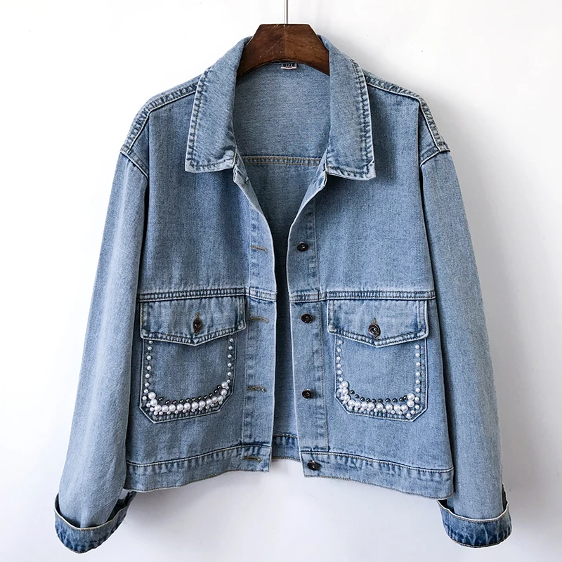 

Light Blue Denim Jacket Women Autumn Vintage Loose Short Cowboy Outerwear Pearl Big Pocket Long Sleeve Jeans Jacket Coat Female