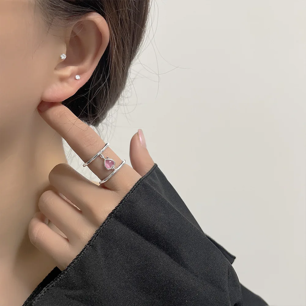 

VENTFILLE Silver Color Pink Crystal Double Layers Love Heart Ring for Women Girl Gift Ins Cute Charm Jewelry Dropshipping