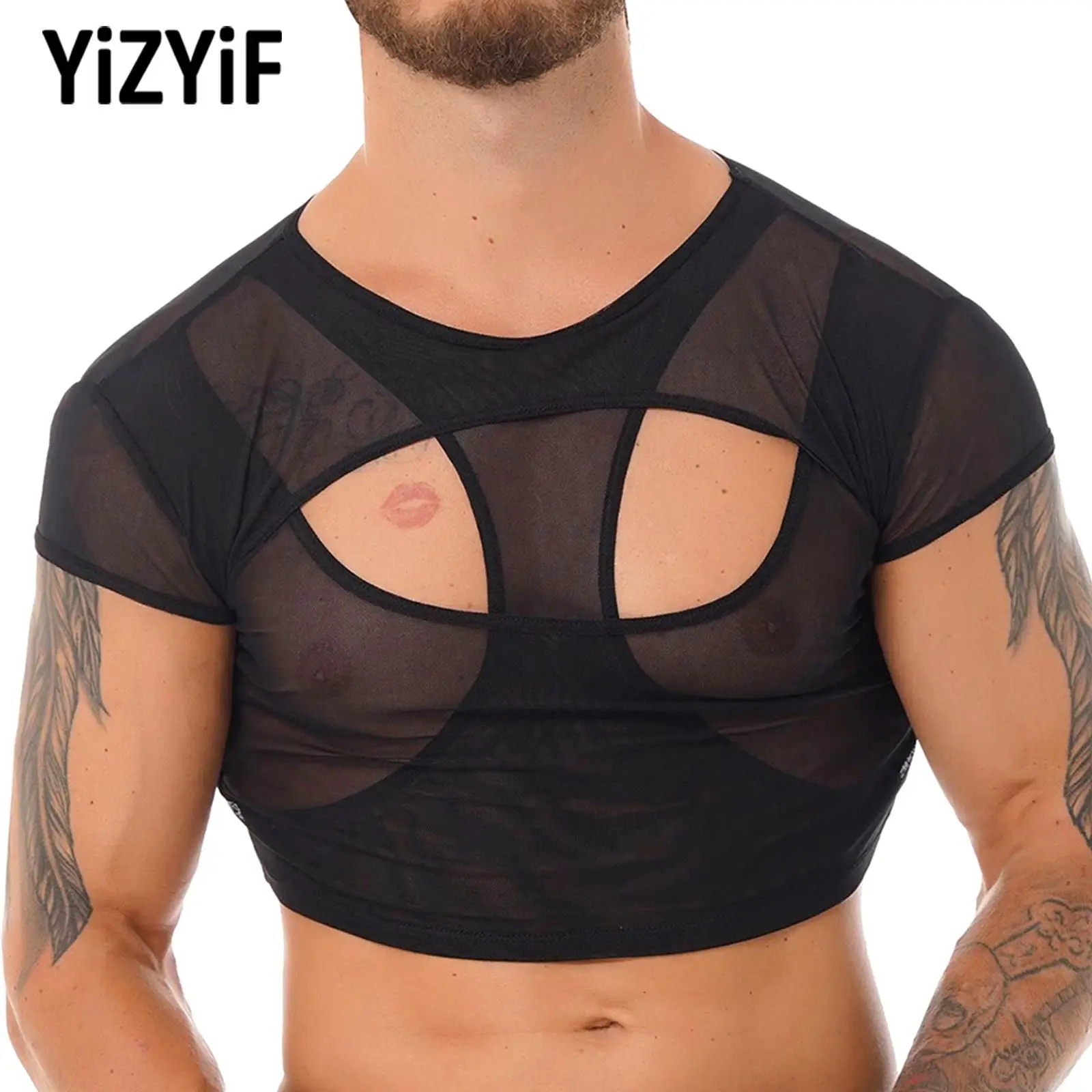 

Мужские прозрачные сетчатые спортивные топы с коротким рукавом облегающие майки для бега Футболка с вырезами кроп-топ мужские Клубные ровы...