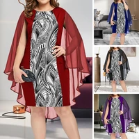 lady sheath dress chiffon fake two piece cape print plus size summer dress female clothing
