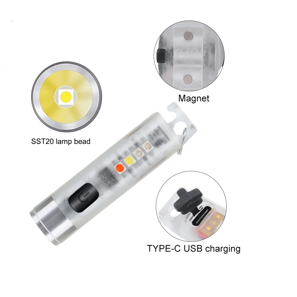 

Mini Keychain Flashlight TYPE-C Fast Charging Flashlight Waterproof IP65 Fluorescent Warning Camping Flashlight Portable Lights