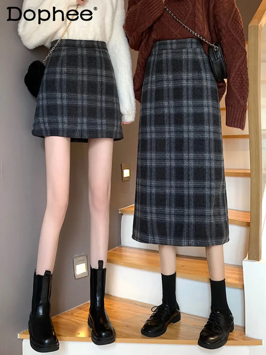 

2022 Autumn Winter Plaid Woolen Skirt for Women's Retro High-Grade A- Line Mini Skirts High Waist Slim Office Ladies Long Skirt